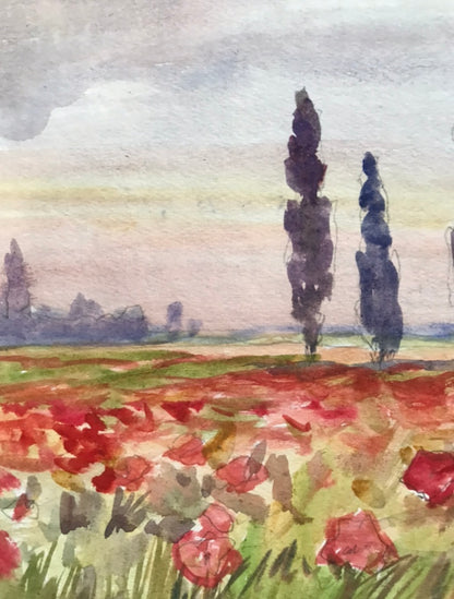 Watercolor painting Poppy field Unknown artist