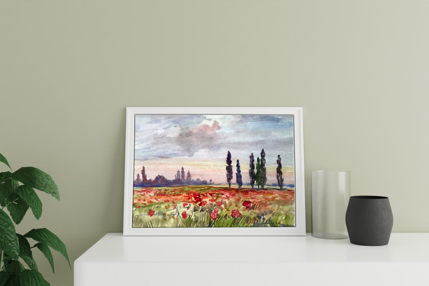 Watercolor painting Poppy field Unknown artist