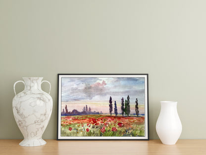 Watercolor painting Poppy field Unknown artist