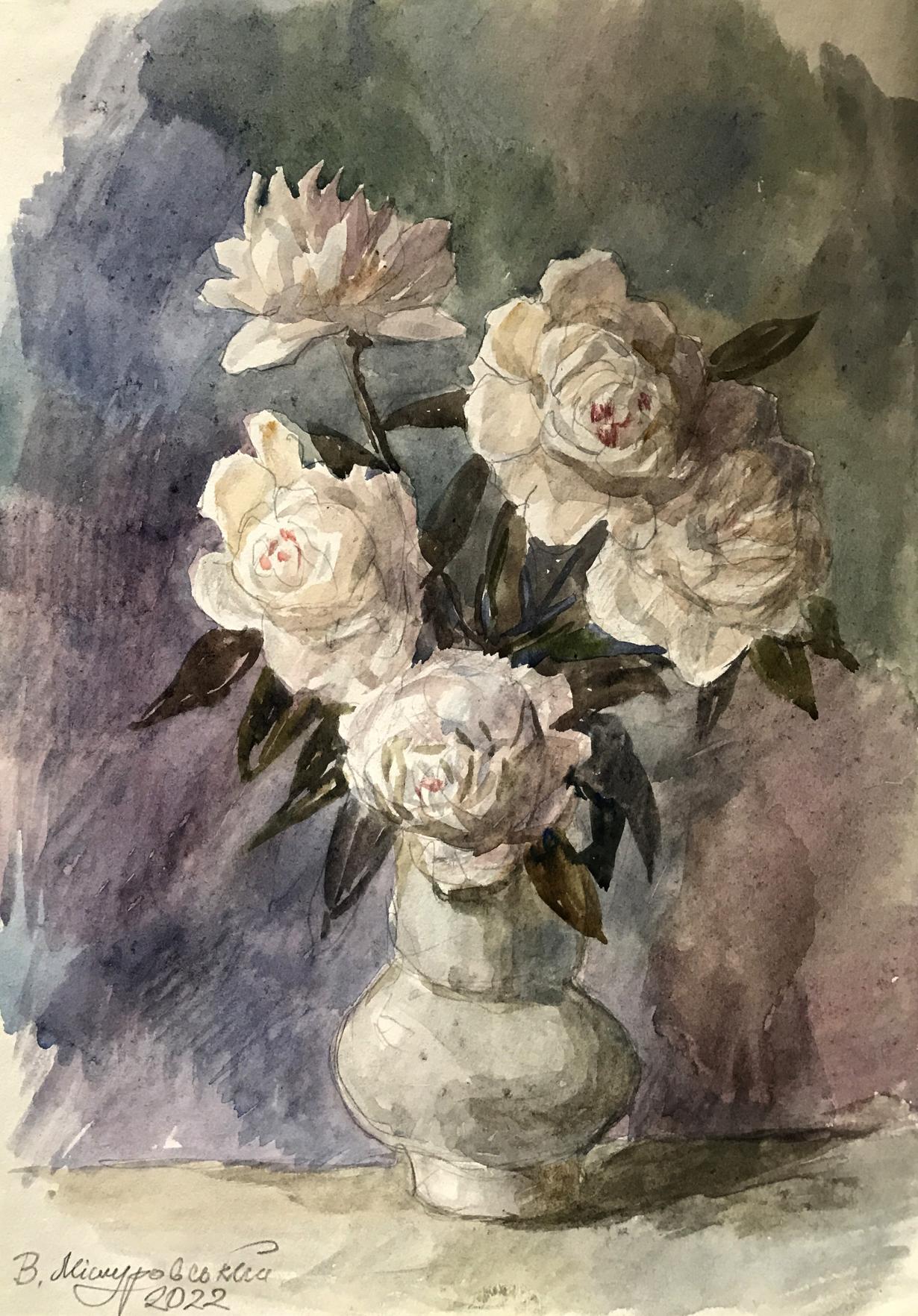 Watercolor painting White roses Myshurovsky Victor