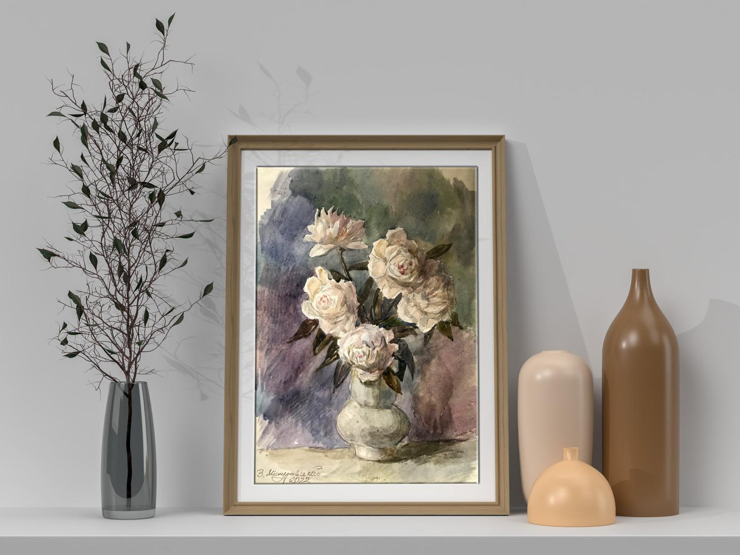 Watercolor painting White roses 