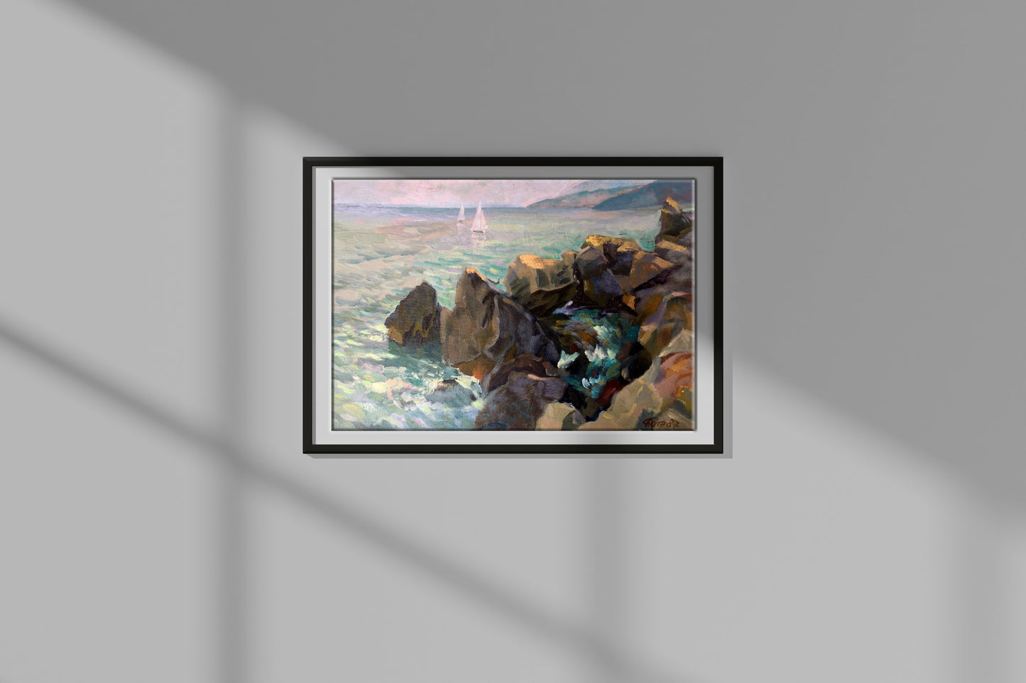 Batrakov's "Morning by the Sea" oil painting, evoking serene coastal ambiance.