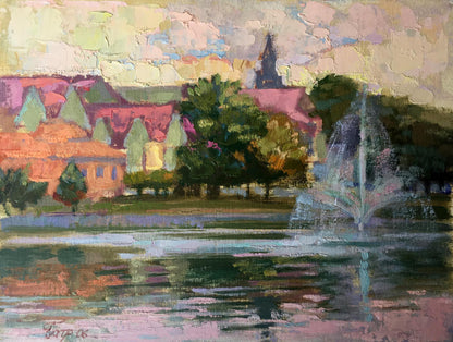 Oil painting City fountain Batrakov Vladimir Grigorievich