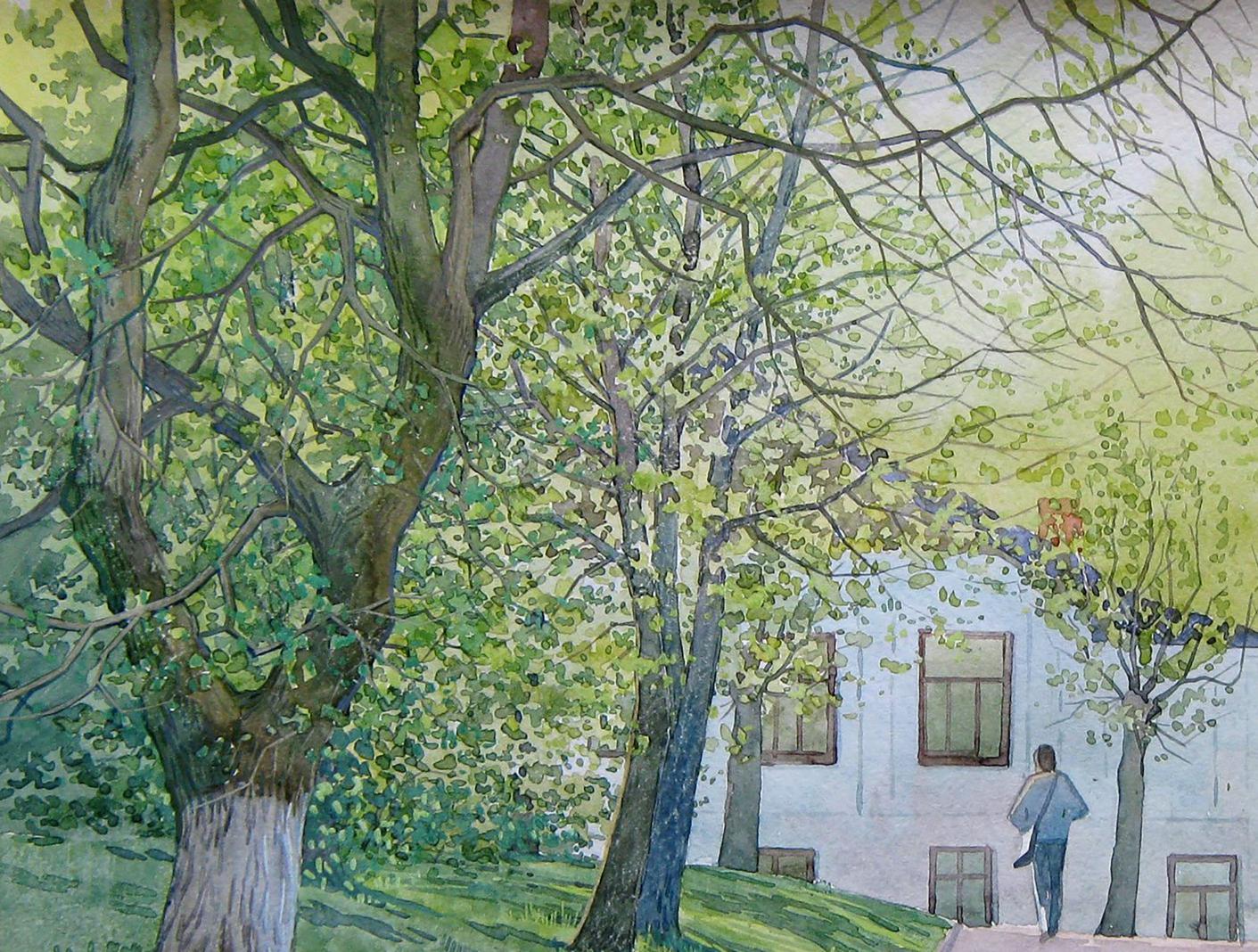 Watercolor painting Walk through the park home Valery Savenets