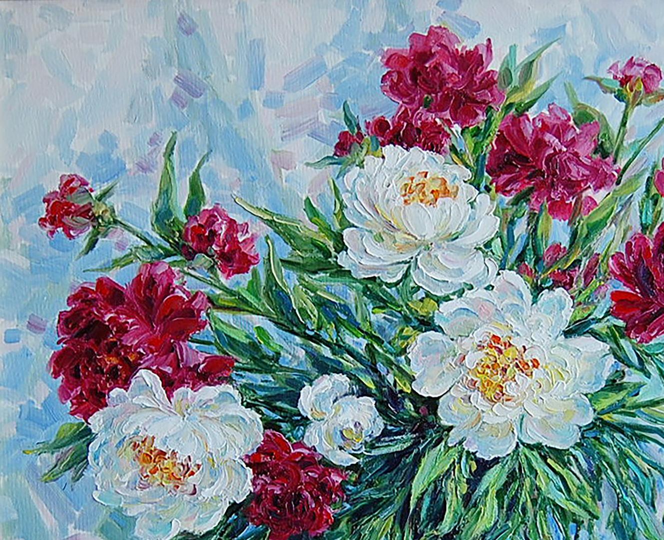 Oil painting Peonies Flowers still life  