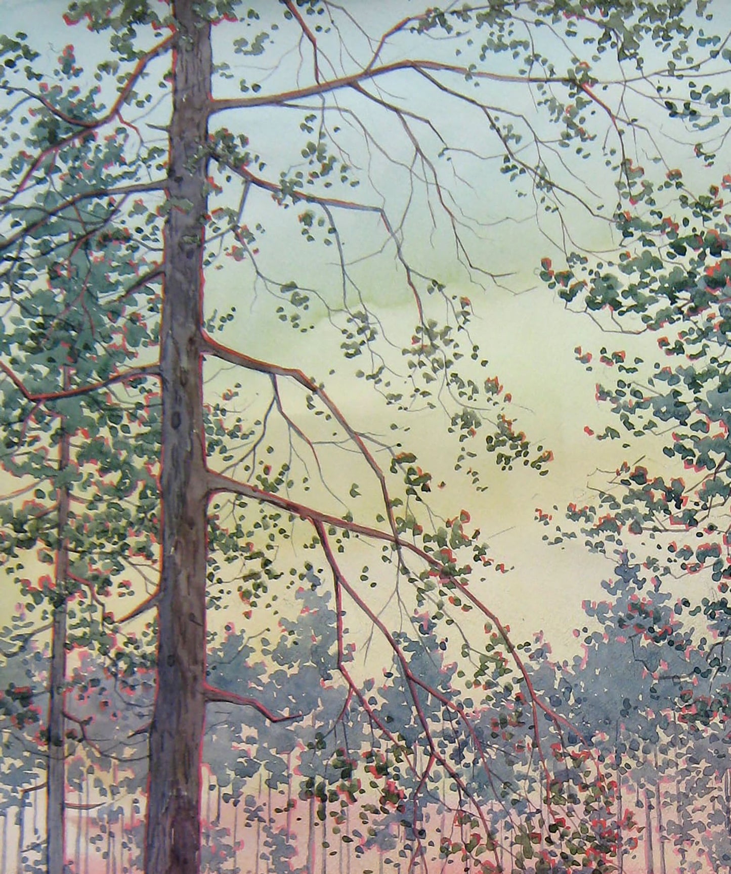 Watercolor painting "February Sunset in the Forest" by Valery Savenets