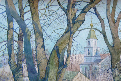 Watercolor painting Church in the village Valery Savenets