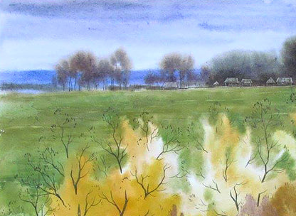 Watercolor painting Village life in October Valery Savenets