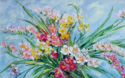 Oil painting Freesias Flower still life  