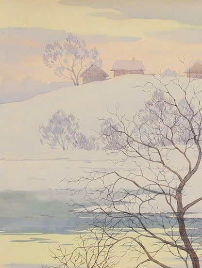Watercolor painting February evening on a hill Valery Savenets