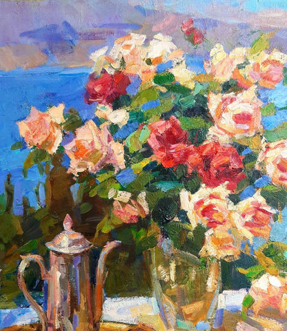 Vyacheslav Pereta's oil masterpiece, "Roses and Yacht on the Sea"