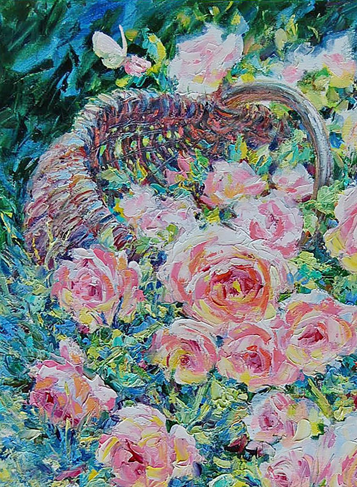 Roses Spilling from the Basket depicted in oil by Olga Artim