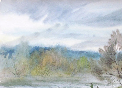 Watercolor painting Fishing on a warm autumn day Valery Savenets