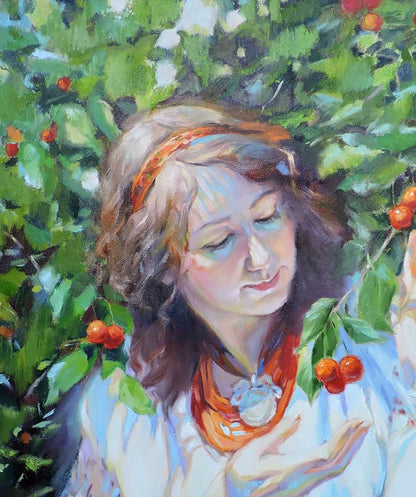 Oil painting Under the cherries Osnach Olesia