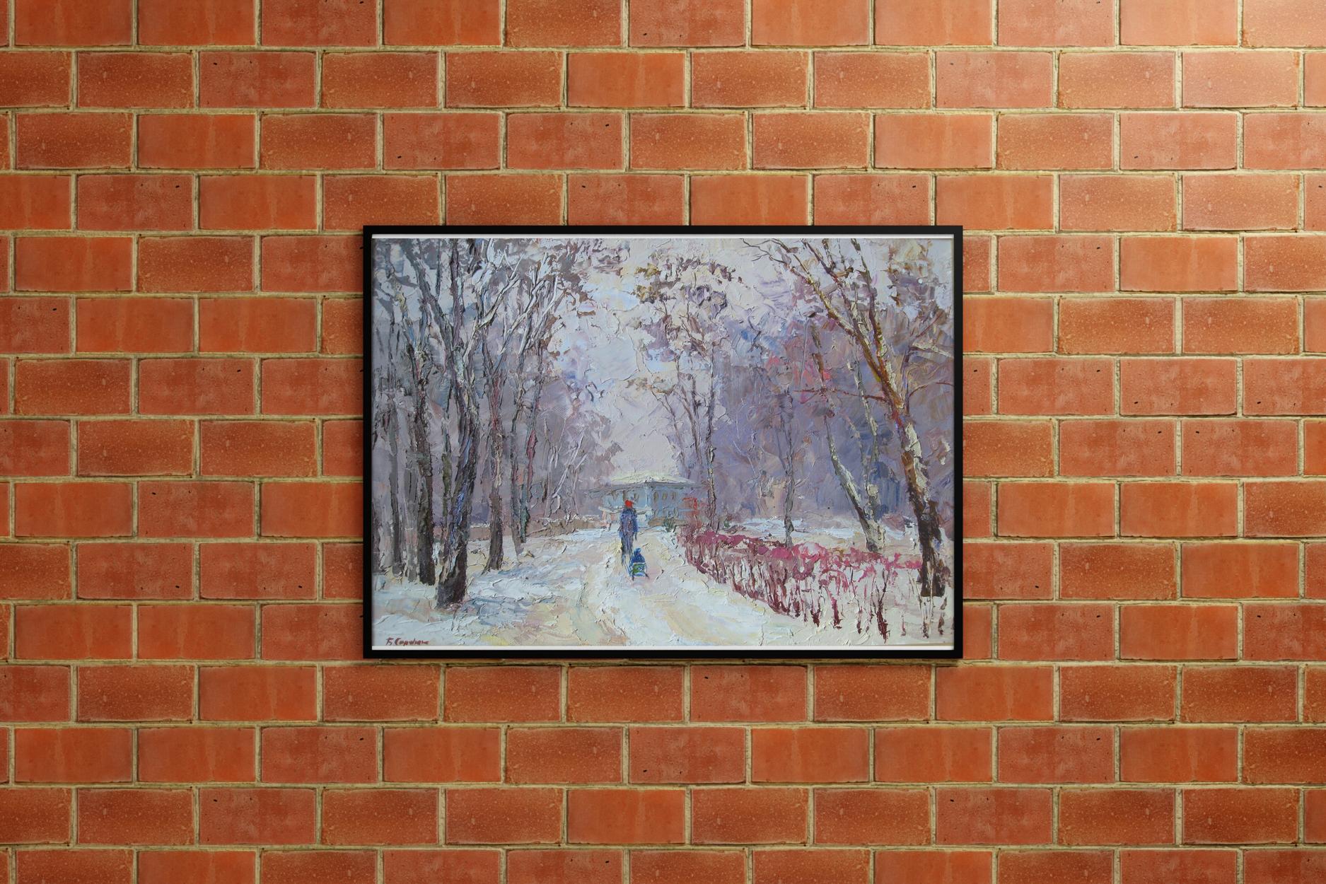 Oil painting depicting a "Winter Walk" by Boris Petrovich Serdyuk