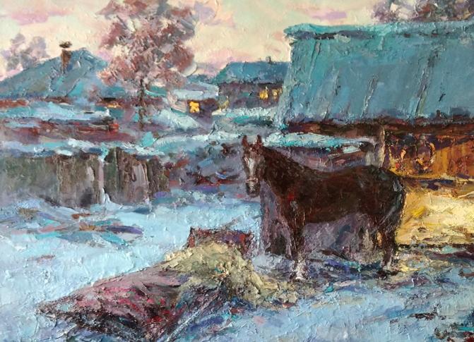 Oil painting Winter yard Alexander Nikolaevich Cherednichenko