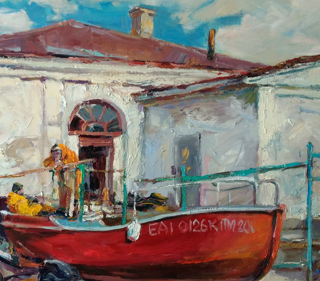 Oil painting Fishermen's yard Alexander Nikolaevich Cherednichenko