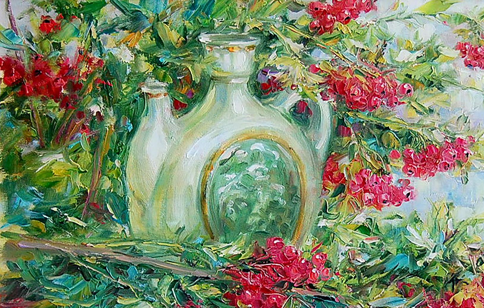 Oil painting viburnum still life  