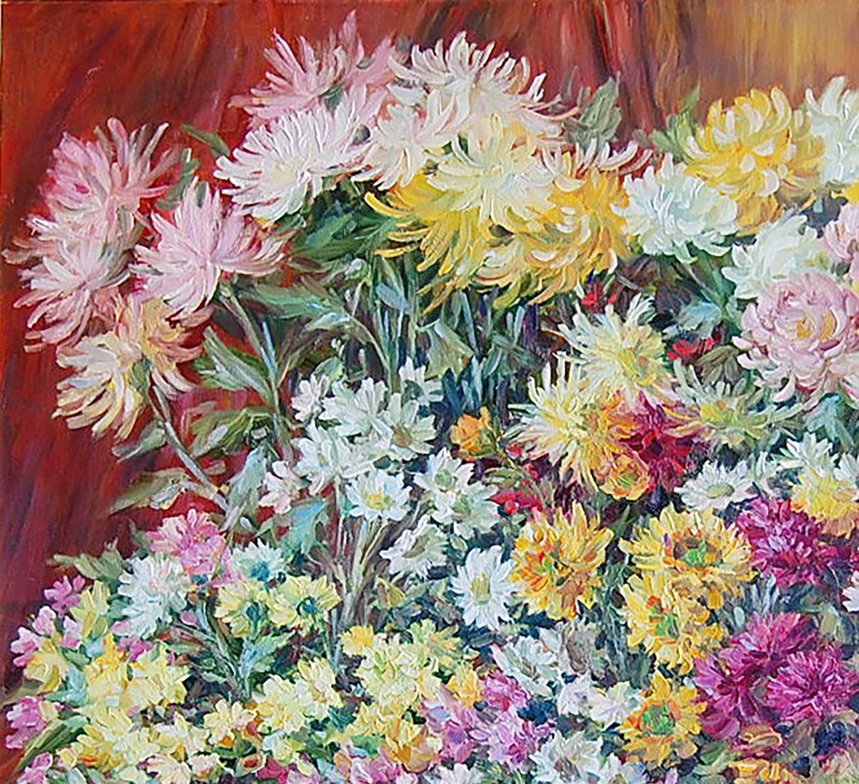 Oil painting Asters and chrysanthemums Bouquet of Flowers  