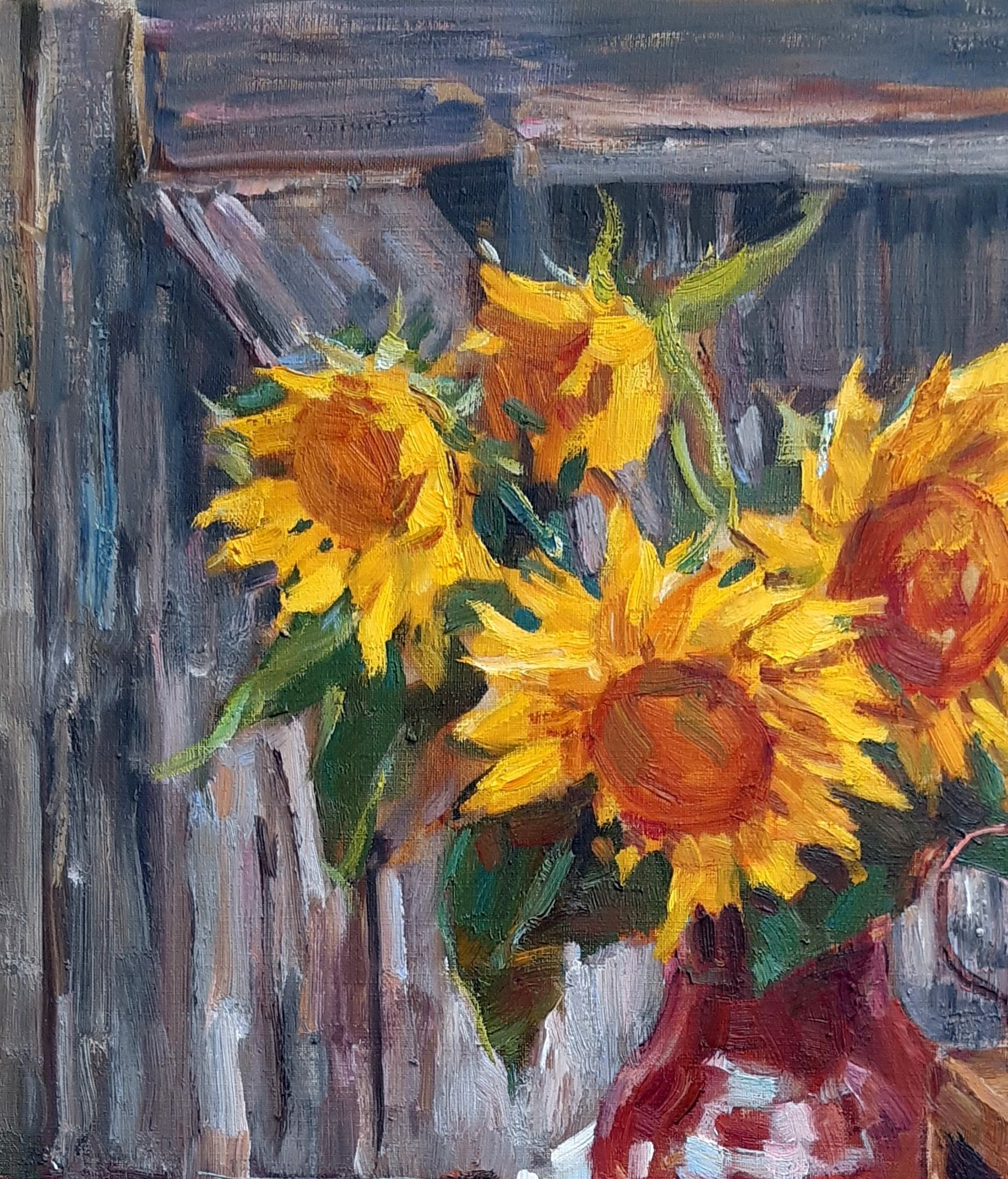 Oli painting Sunflowers and lantern still life  Pereta Vyacheslav