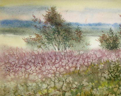 Vibrant watercolor painting titled "Blooming Grass" by Valery Savenets