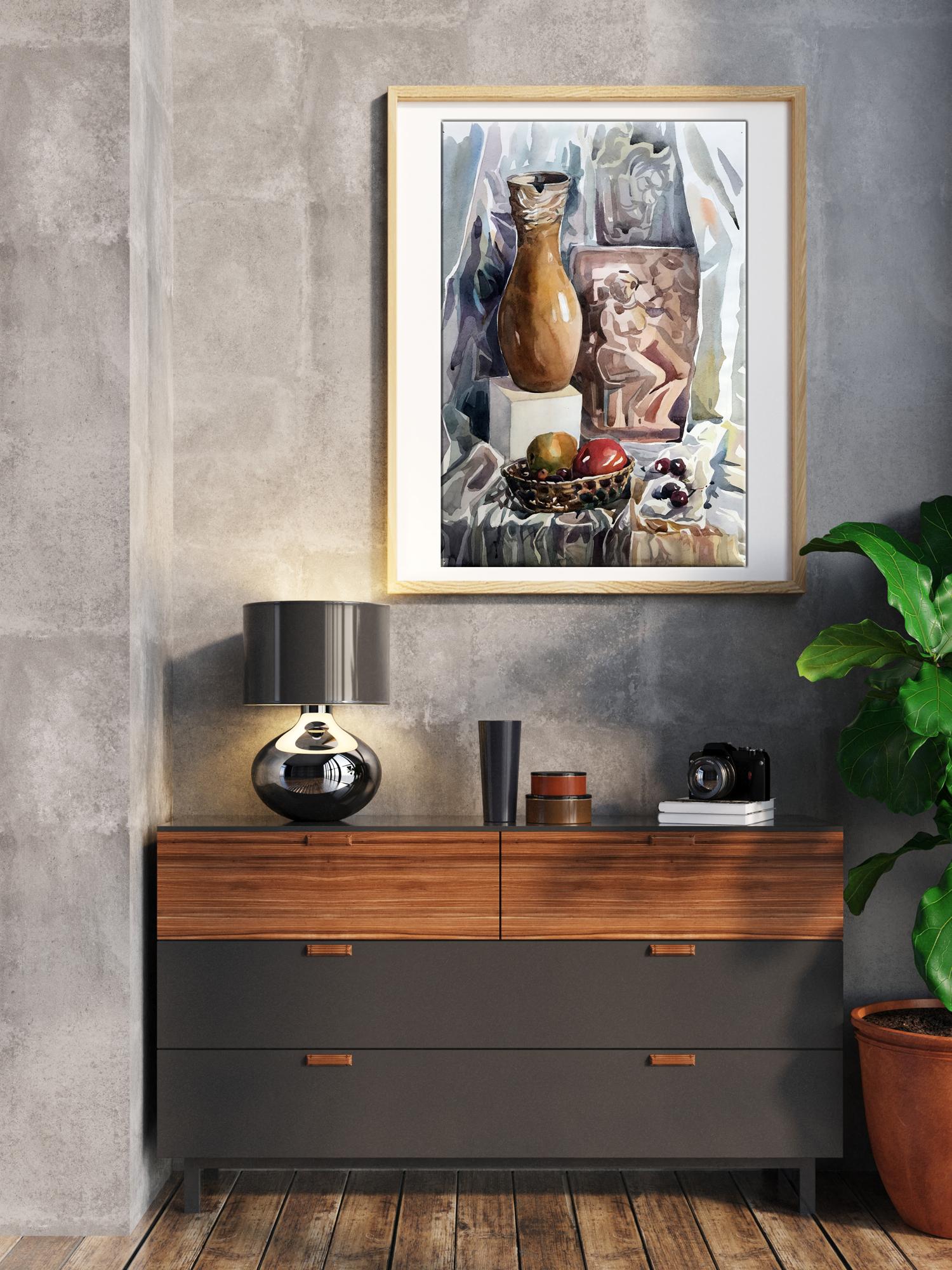 Fruits and a vase on a table are captured in a watercolor by an unknown artist