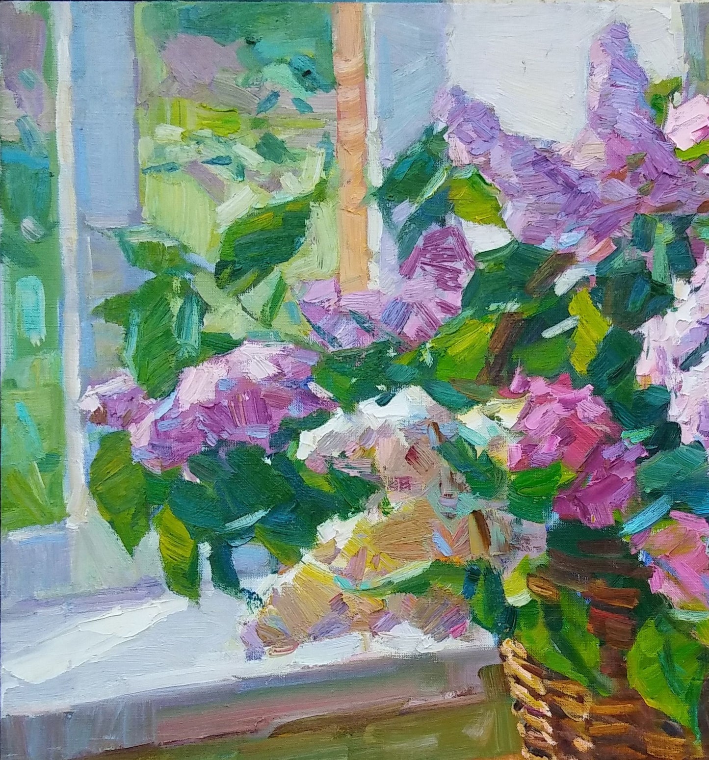 Oli painting Basket with lilacs Flowers  Vyacheslav Pereta