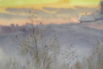 Watercolor painting Winter fantasy from sunset Valery Savenets