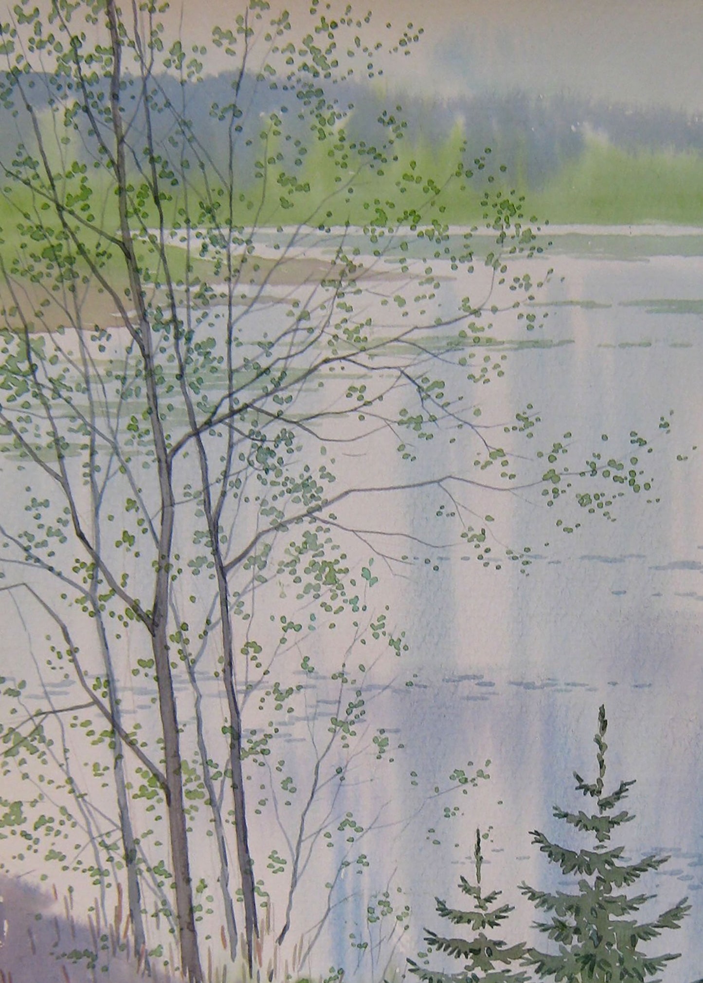 Watercolor painting April. The river overflowed Savenets Valery