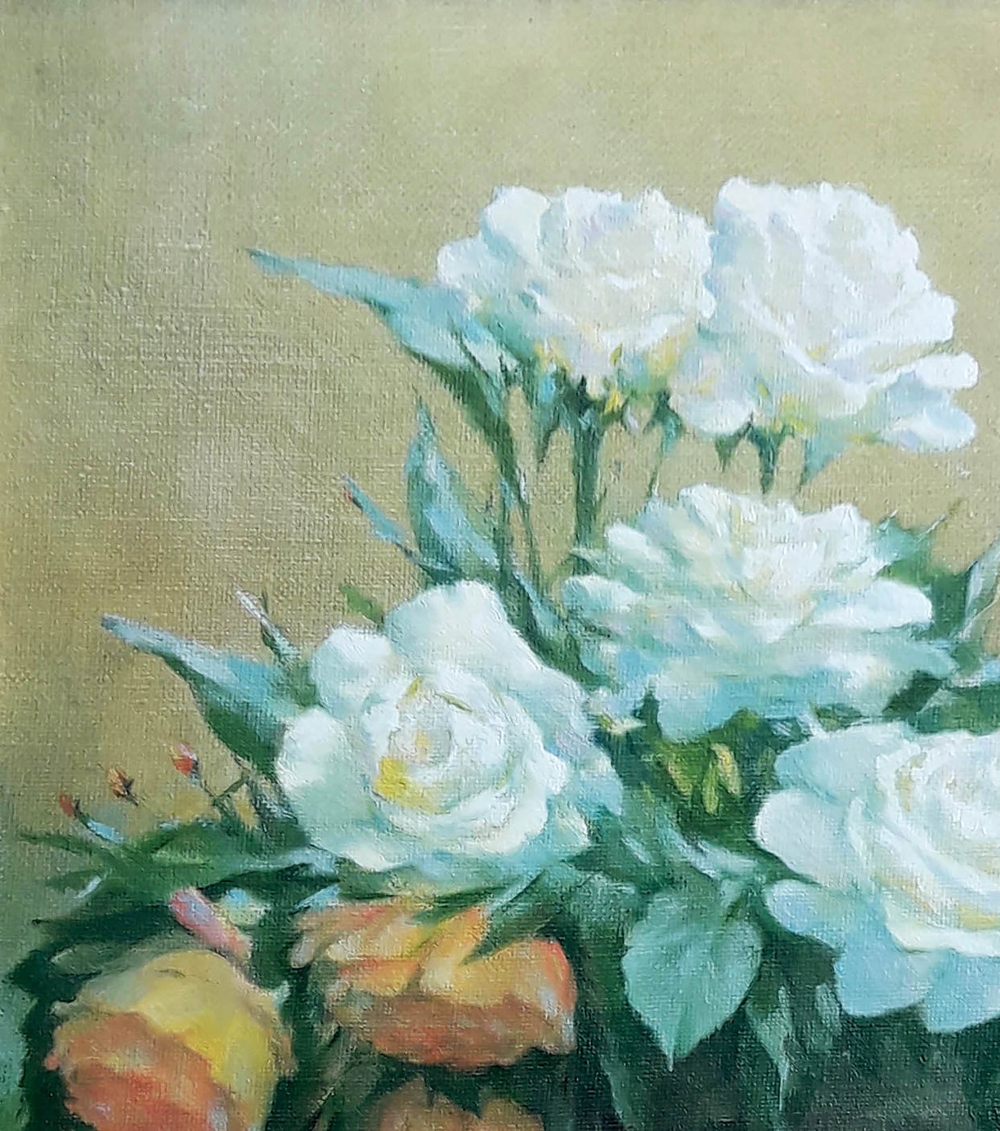 Oil painting White and yellow roses in a vase Vasily Korkishko