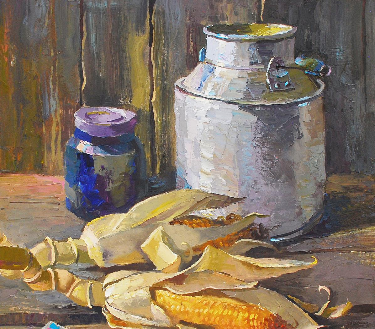 Corn on the Table, an oil artwork by Egor Shvachunov