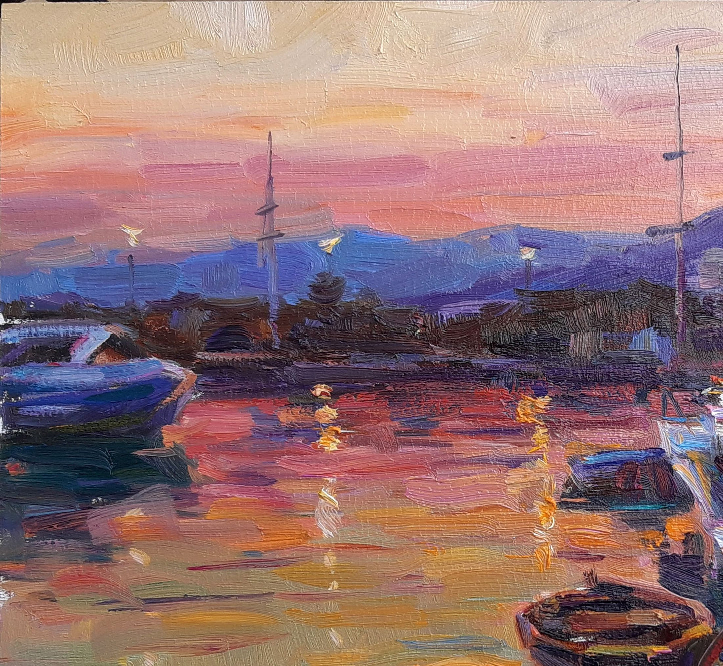 Oli painting Evening in the port Pereta Vyacheslav
