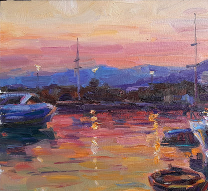 Oli painting Evening in the port Pereta Vyacheslav