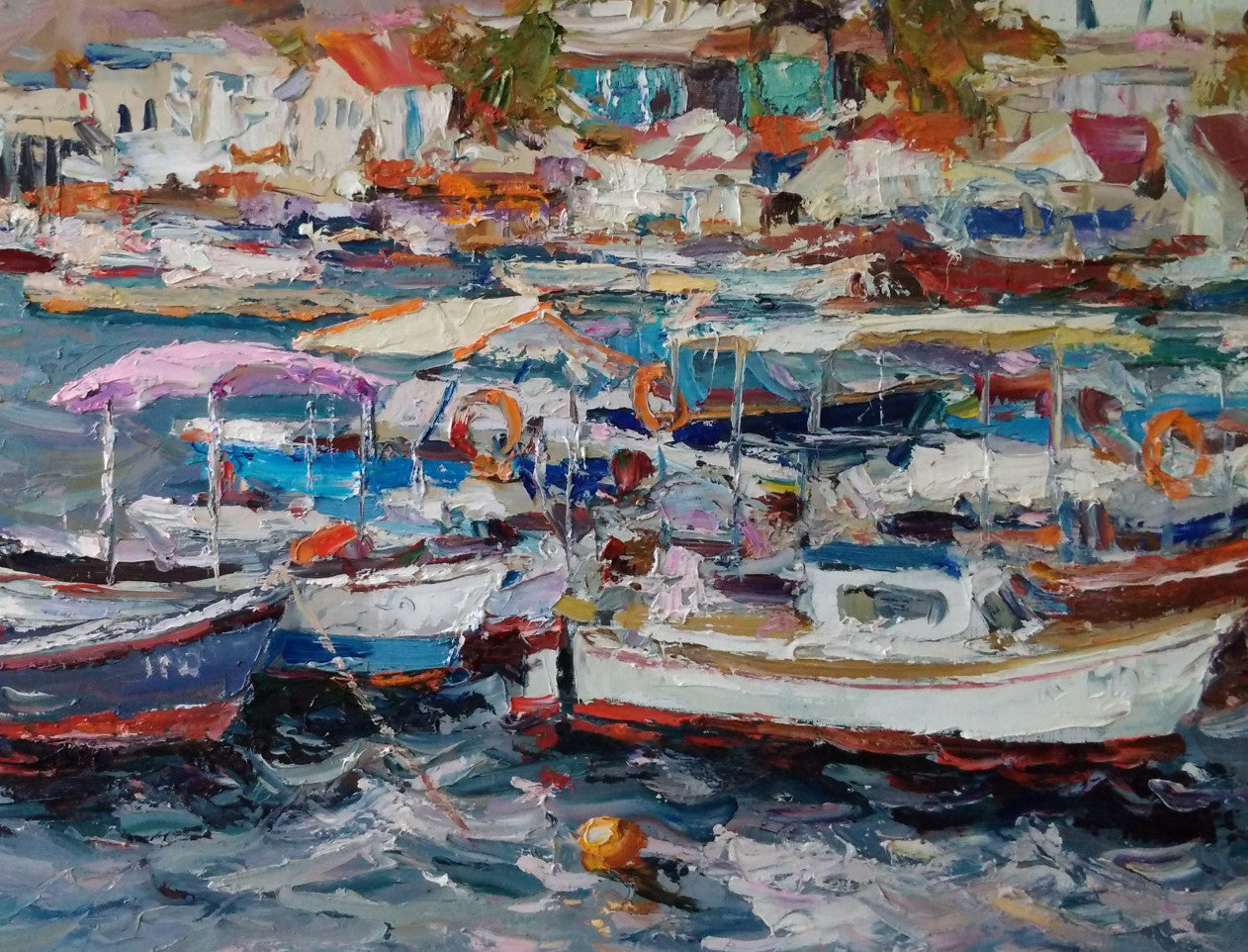 Boats Near the Pier: an oil painting by Alexander Nikolaevich Cherednichenko