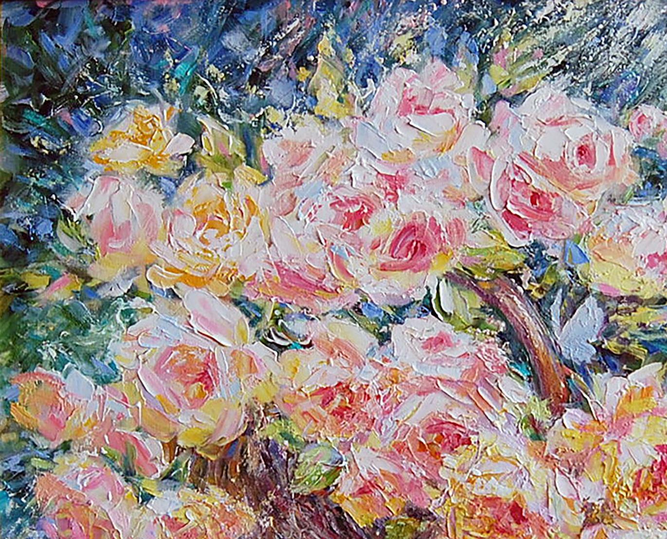 Artim's "Pink Roses Basket" oil artwork, showcasing floral beauty.