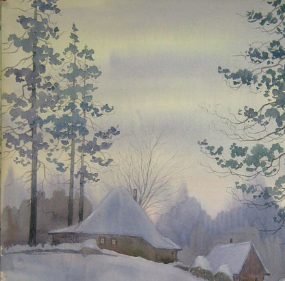 Watercolor painting Watching the winter sunset Valery Savenets