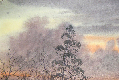 Watercolor painting Evening forest landscape Savenets Valery