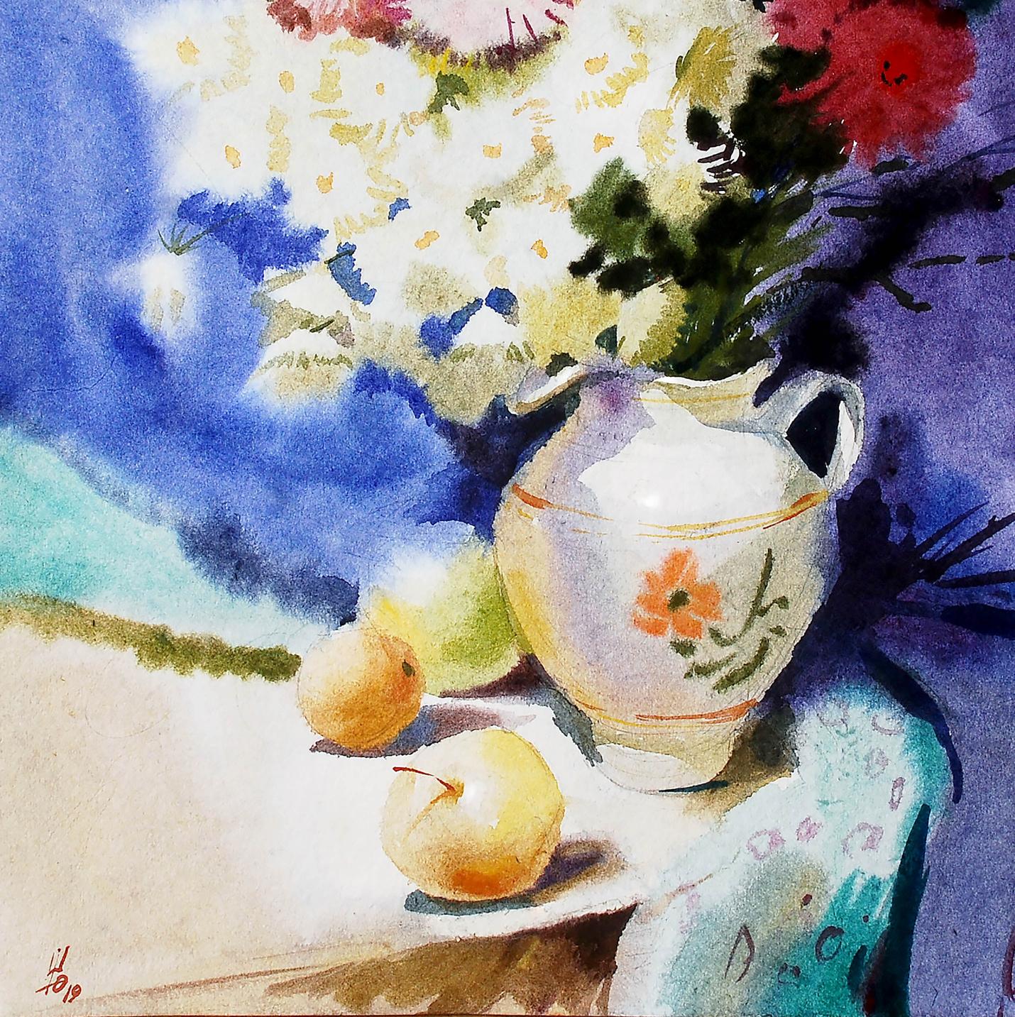 Watercolor painting Chamomiles and apples Egor Shvachunov