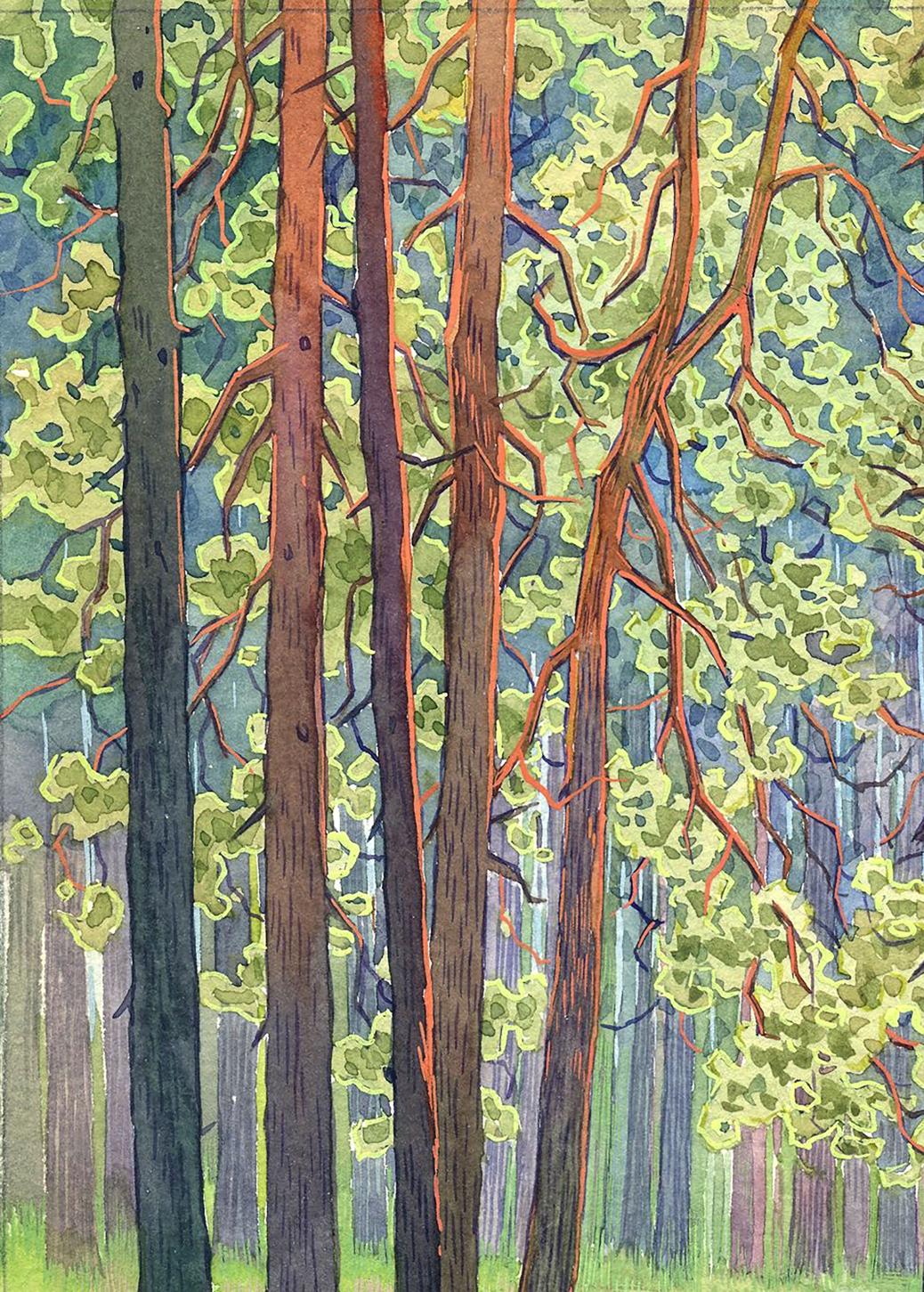 Watercolor painting In the green forest Savenets Valery