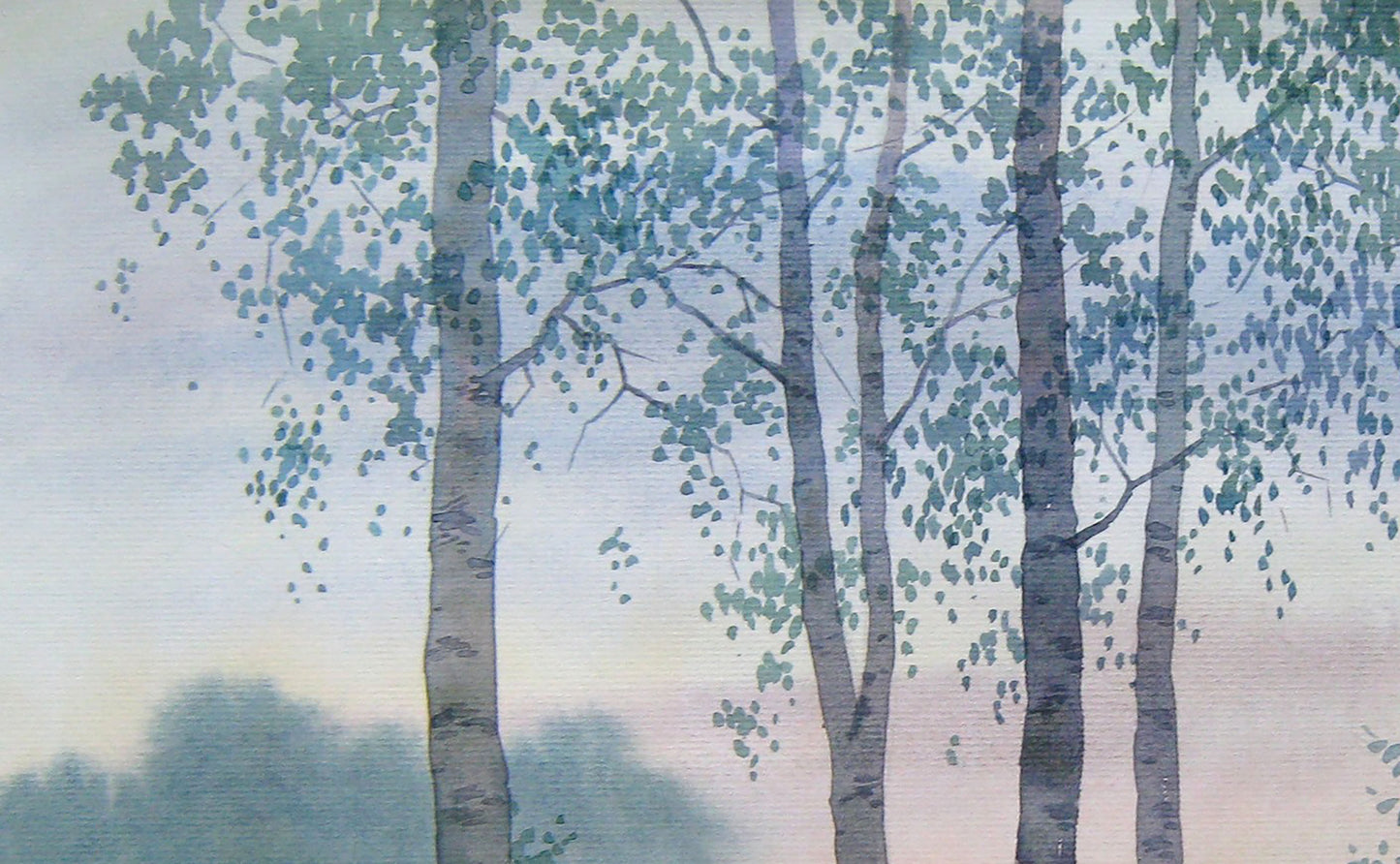 Valery Savenets' watercolor artwork portraying "Birches in the Forest"