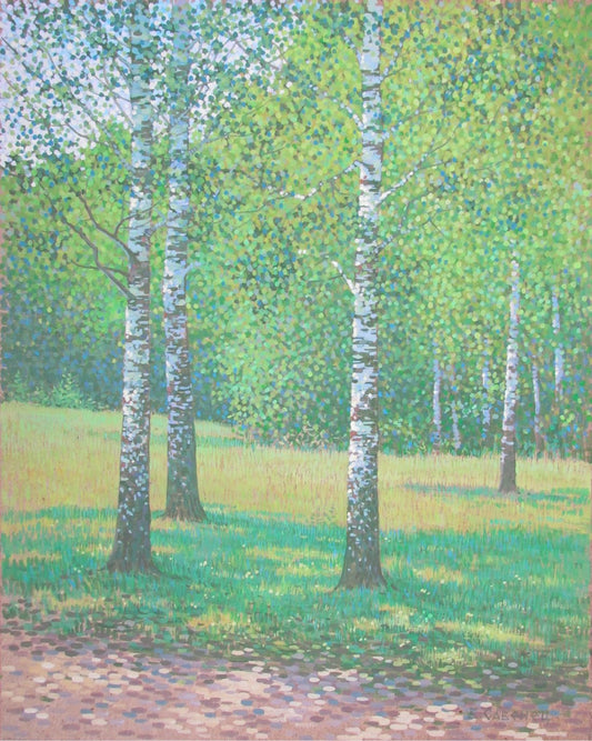 Acrylic painting Birch trees. May Savenets Valery