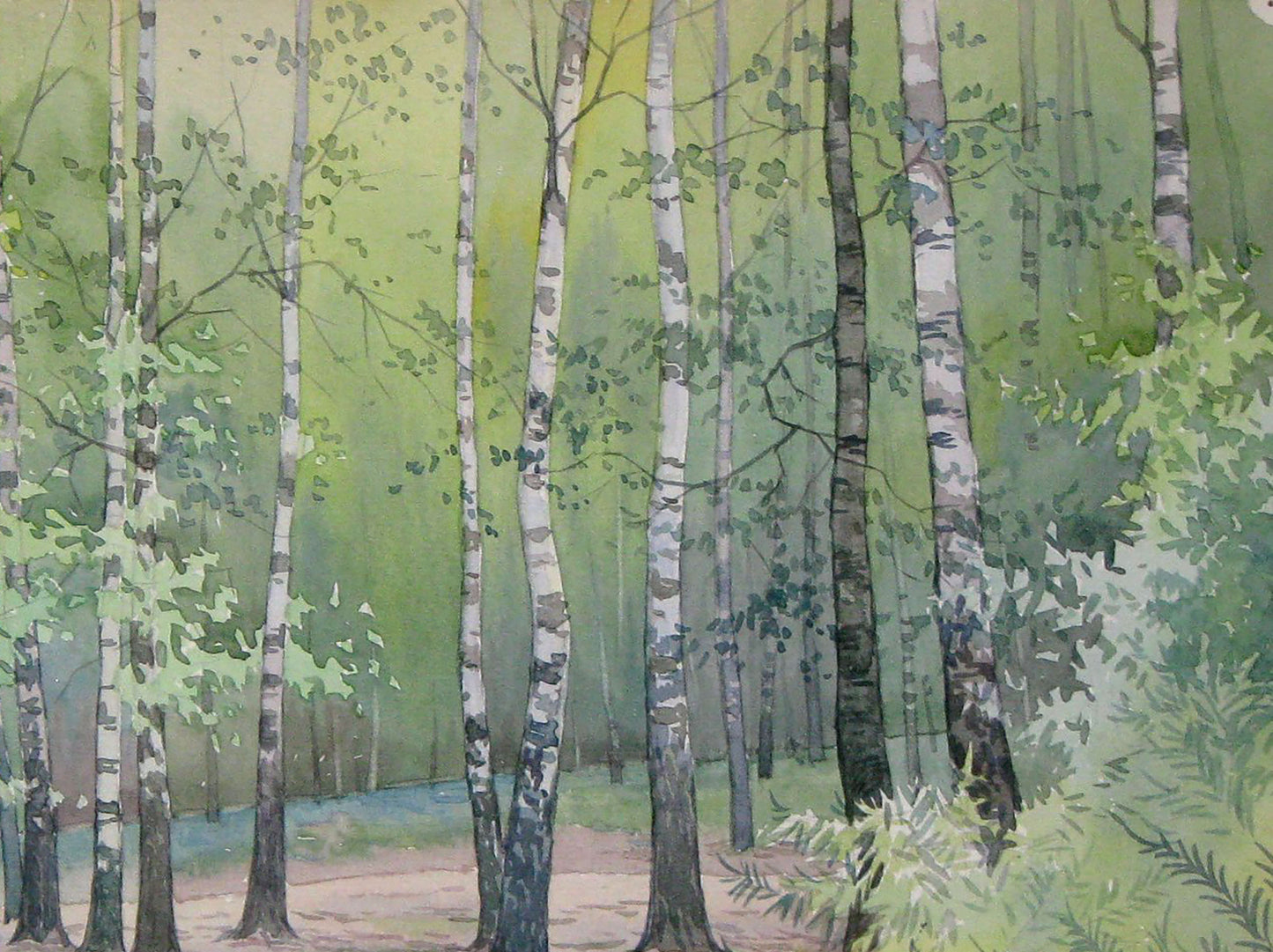 Watercolor painting Road to the birch forest Valery Savenets