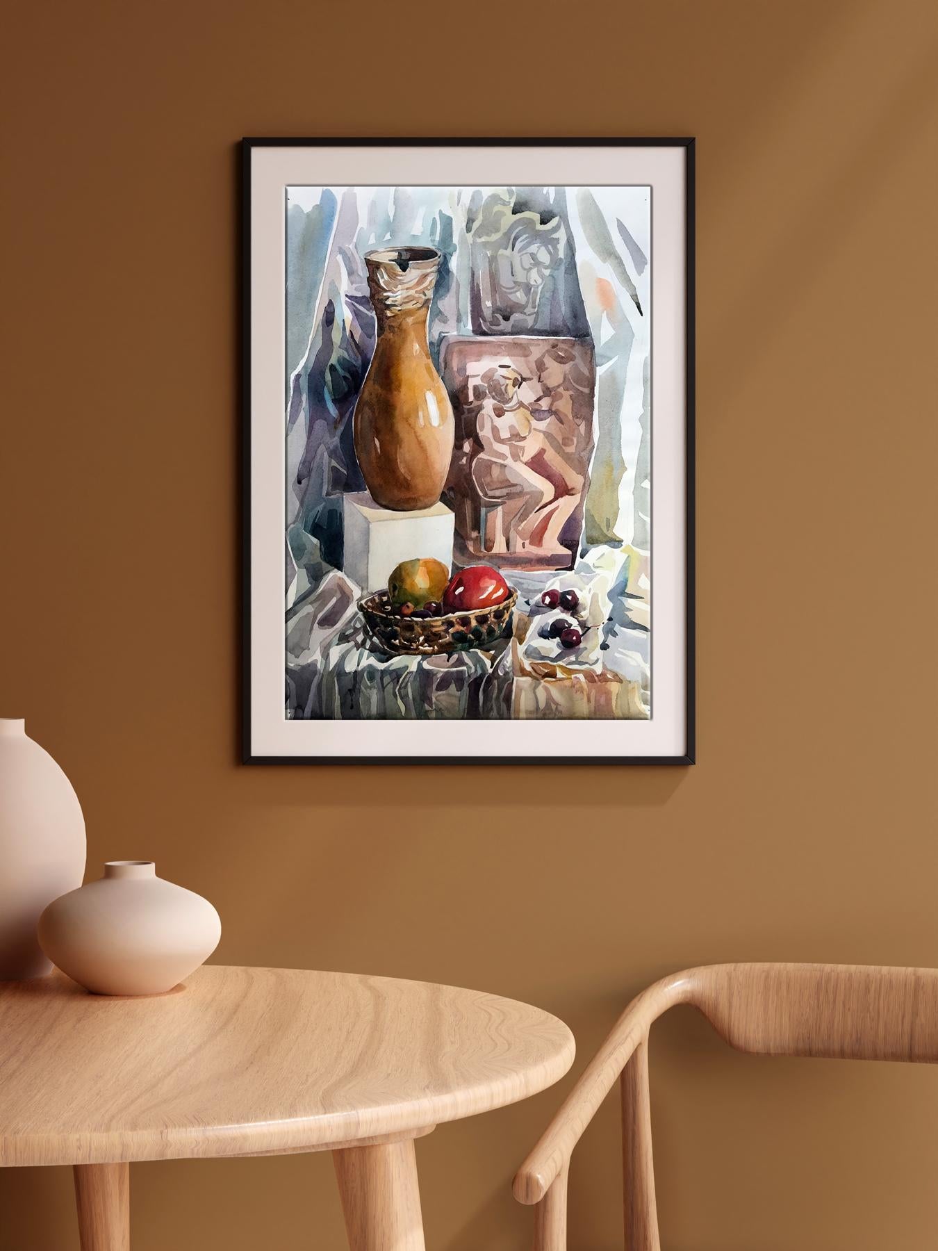 An unknown artist's watercolor shows a table with a vase and fruits