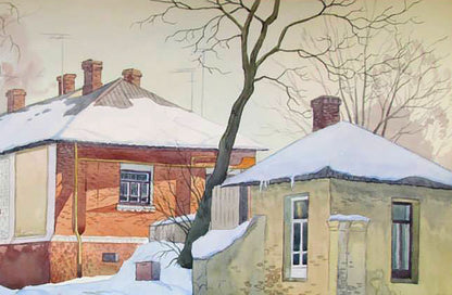 Watercolor painting Covered with snow outside Valery Savenets