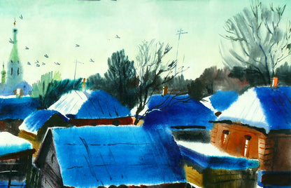 Watercolor painting Winter in Lebedyn Egor Shvachunov