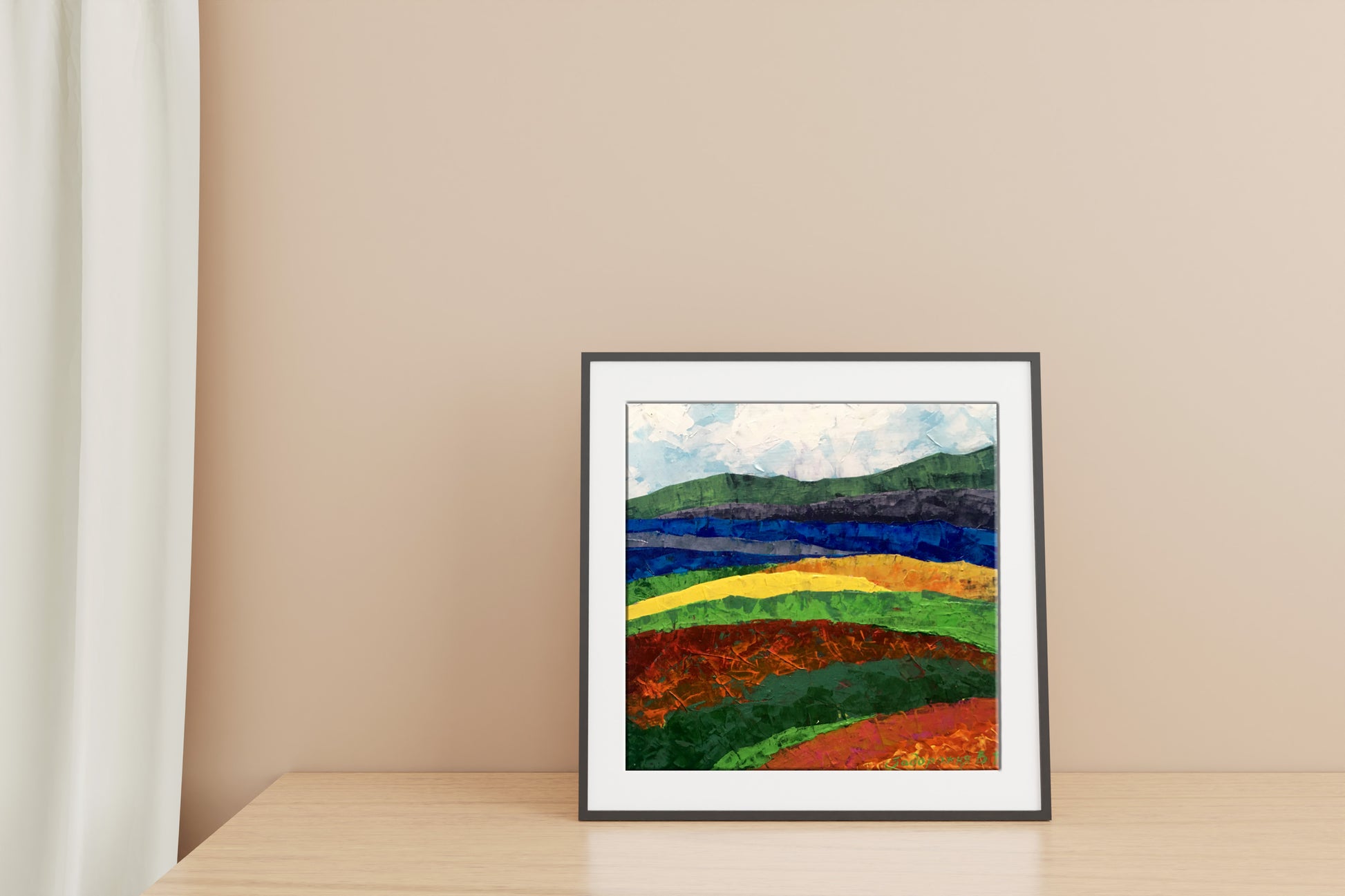 Oil artwork featuring "Mountain Colored Fields" by V. Zadorozhnya
