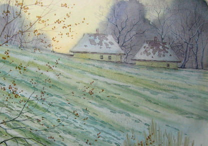 Watercolor painting The first snow Savenets Valery
