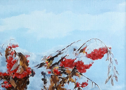 Vasily Korkishko captures the contrast of apples against snow in his oil painting