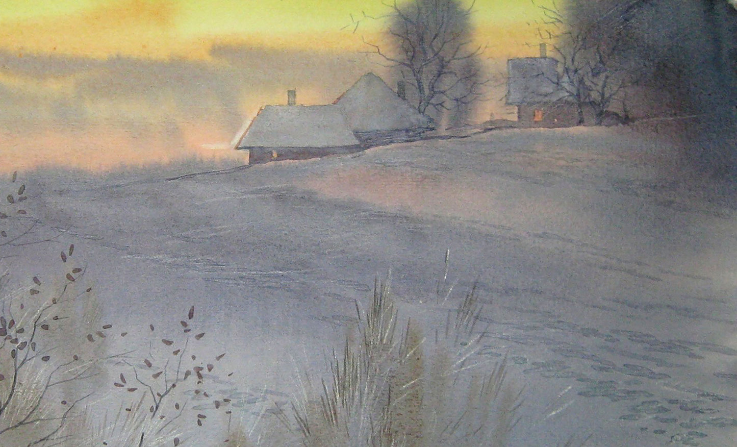 Watercolor painting Winter fantasy from sunset Valery Savenets