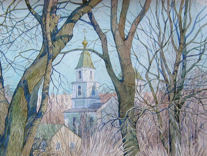 Watercolor painting Church in the village Valery Savenets